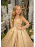 Gold Sparkle Tulle Flower Girl Dress With Beaded Belt